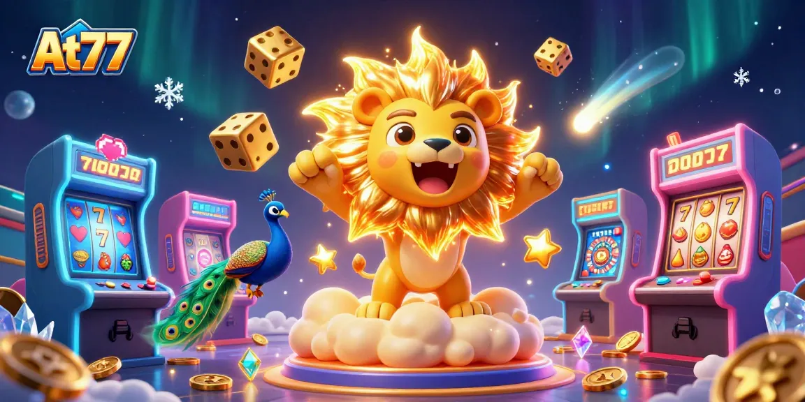 Join the fun at At77, showcasing vibrant casino elements including a roaring lion and dynamic game machines.