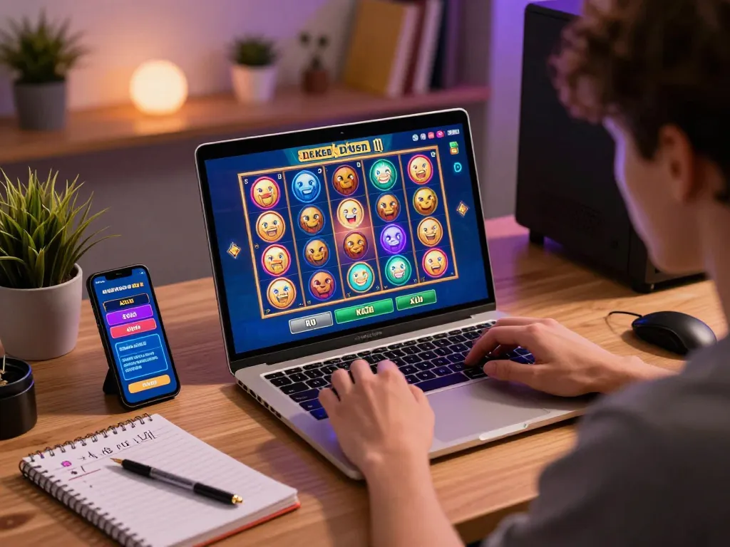 Engaged player preparing to place a slot bet kecil on laptop while gaming at home.
