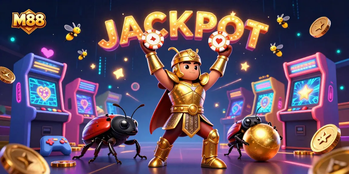 M88 lifts a poker chip in victory while showcasing engaging casino action elements.