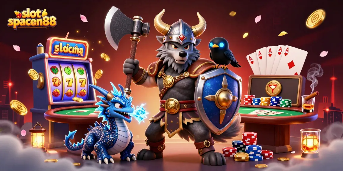 Engage in the thrilling world of slot spaceman88 with a vibrant illustration featuring mythical characters and dynamic game elements.