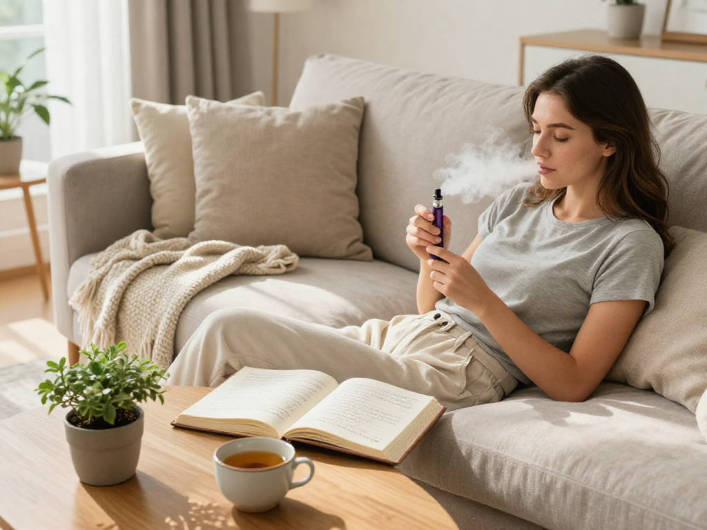 THC vape UK lifestyle scene with vaporizer, herbal tea, and wellness journal, emphasizing natural relaxation and quality.