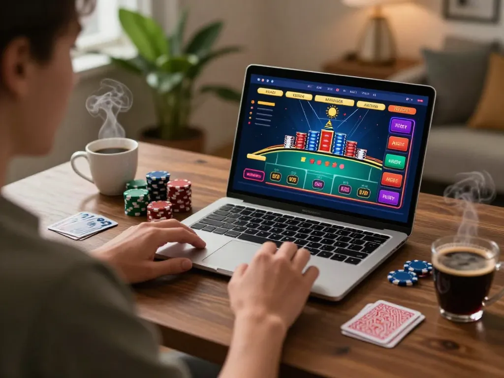 Engaging in a thrilling online casino game on 888top, focused on laptop screen with vibrant UI.