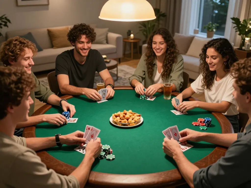 Friends enjoying a vibrant poker night, showcasing a go8 strategy session with cards and chips.