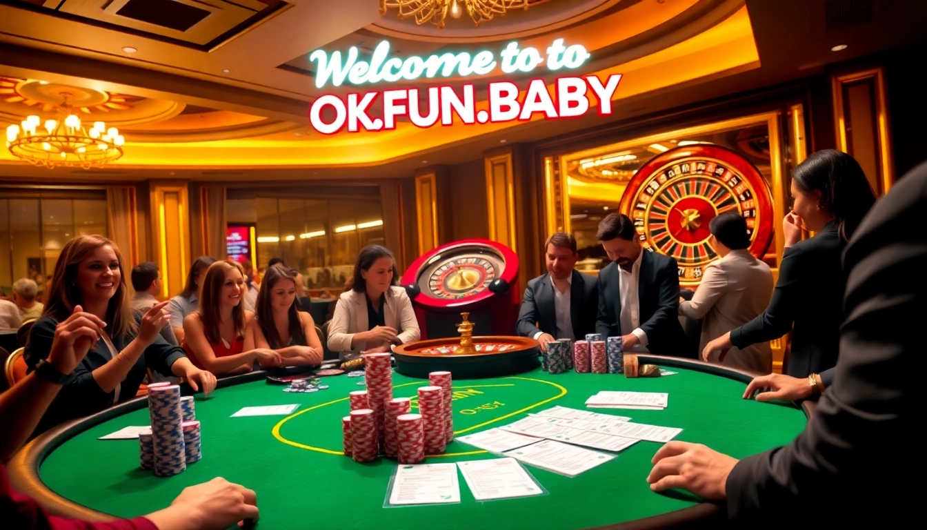 Players enjoy high-stakes poker at https://okfun.baby/, surrounded by vibrant casino elements.