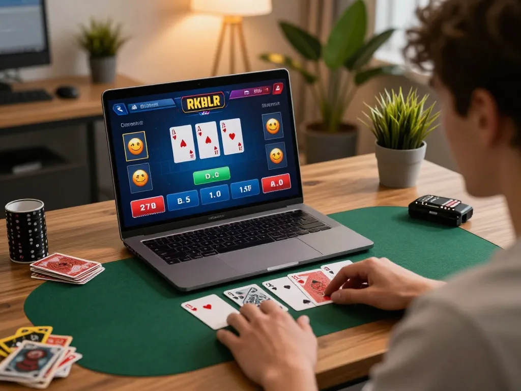 A player enjoying an lc88 live blackjack game on a laptop in a cozy home office setup, showcasing strategic gameplay.