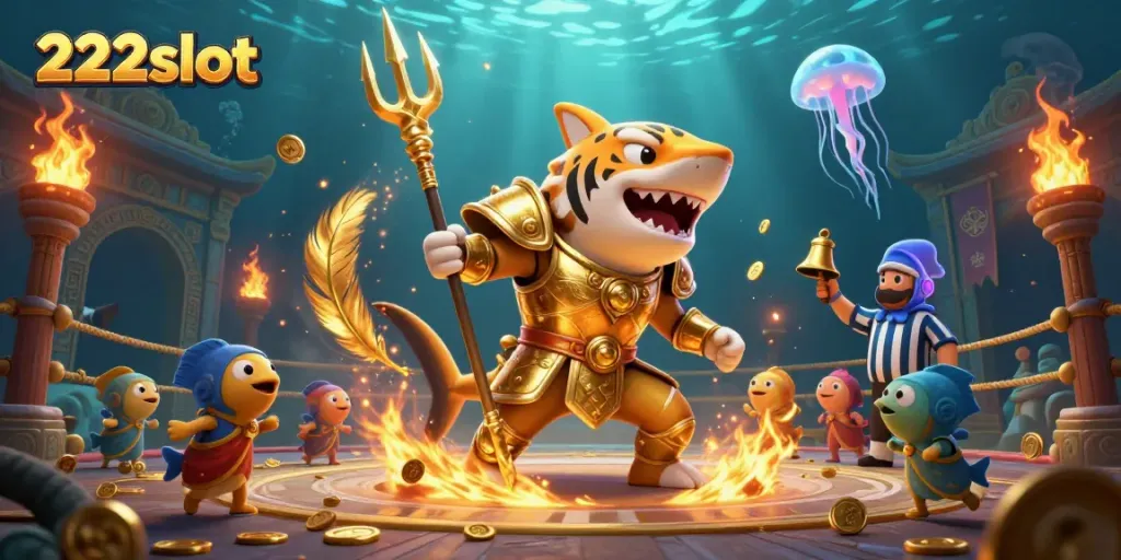 Permainan slot gacor di 222slot dengan ikan hiu dan suasana koloseum bawah laut.
