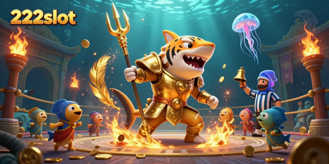 Permainan slot gacor di 222slot dengan ikan hiu dan suasana koloseum bawah laut.