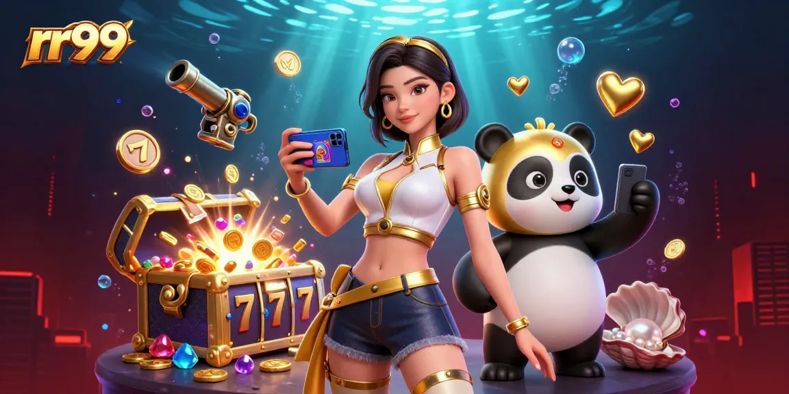 Play captivating games at rr99 while an elegant woman shows her winning smartphone with a panda companion.
