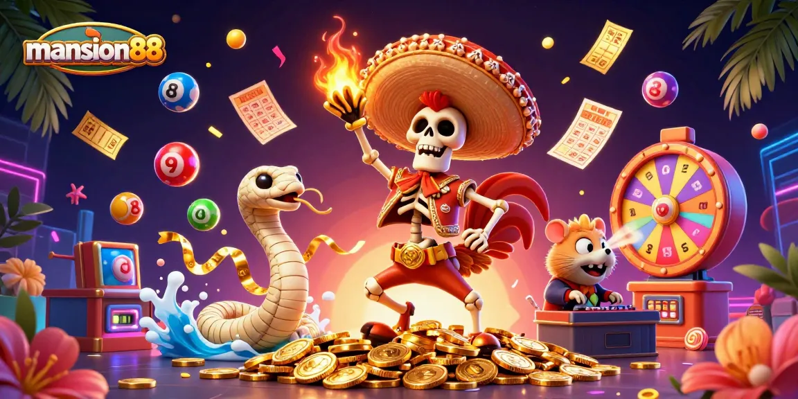 Engage with mansion88's thrilling gaming experience, featuring a lively lottery scene with engaging characters.