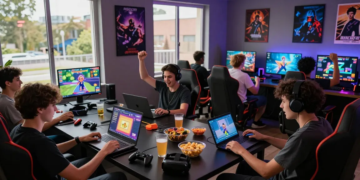 Exciting scene of friends playing porngame in a vibrant gaming lounge.