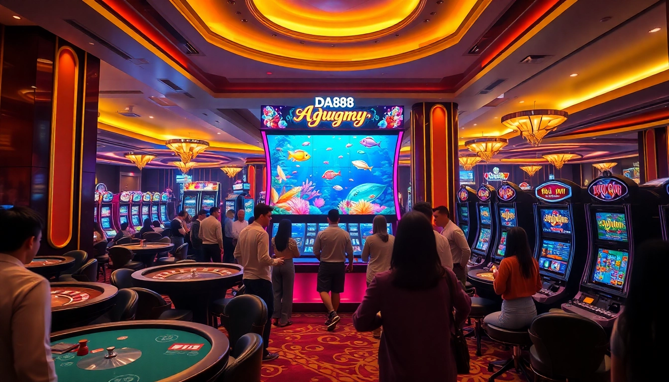 Players enjoying Bắn cá Da88 in a luxurious casino environment filled with vibrant gaming elements.