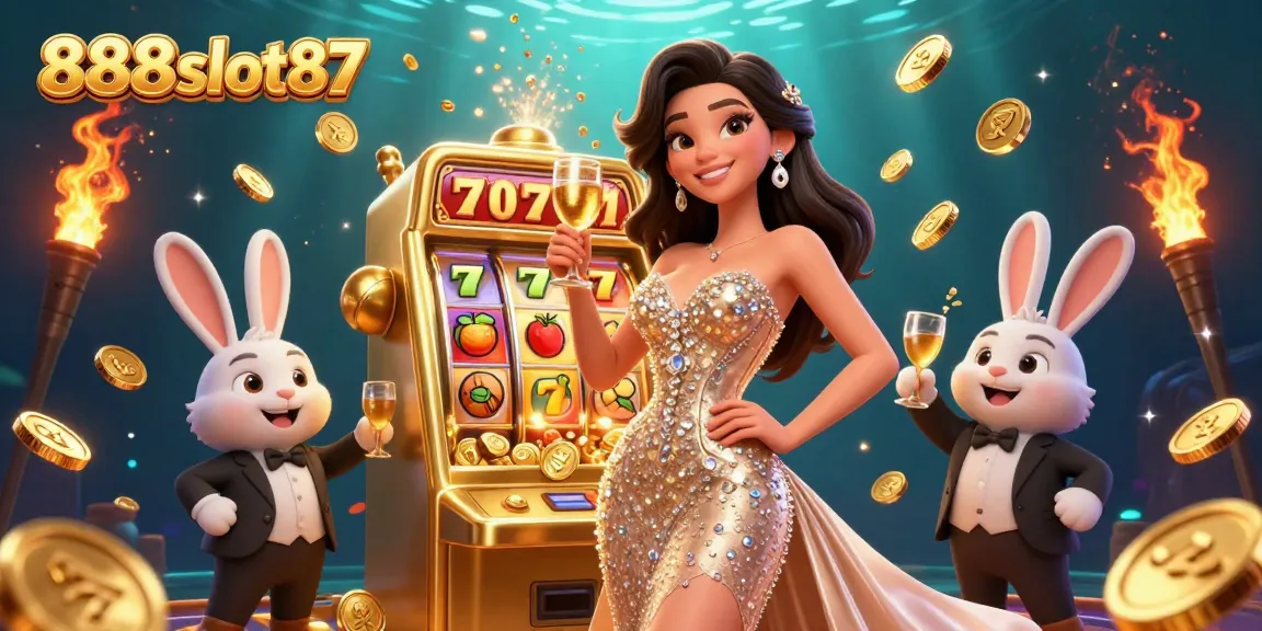 Experience the thrilling jackpot excitement at 888slot87 with a glamorous celebration beside a golden slot machine.