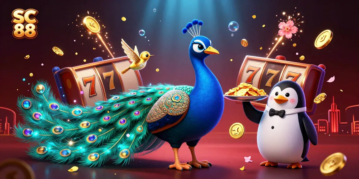 SC 88 showcases a vibrant 3D illustration of an aristocratic peacock amidst slot reels and golden chips.