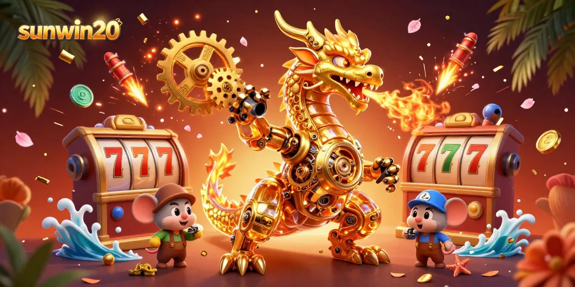 Engage with the captivating sunwin20 casino adventure featuring a golden dragon amidst spinning slot reels.