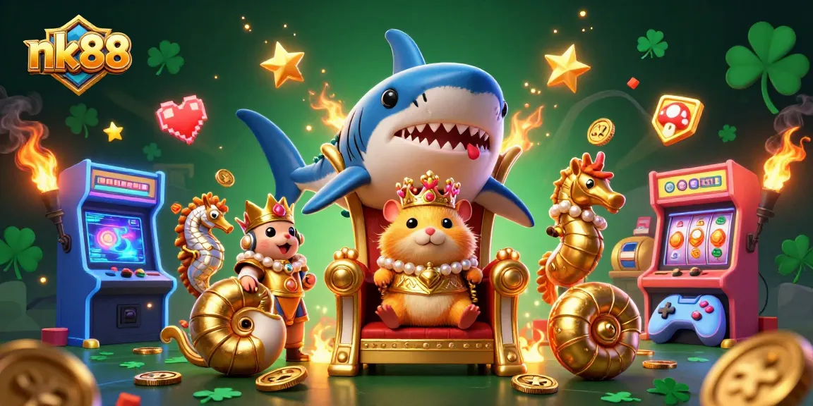 Play exciting games at nk88 featuring a hamster king on a megalodon throne amidst vibrant casino elements.
