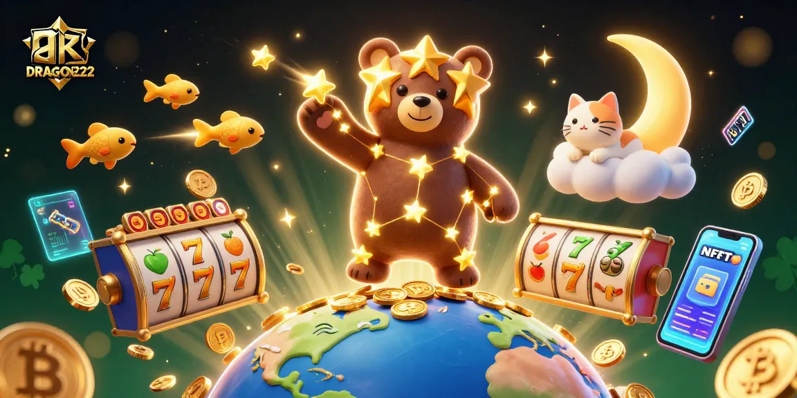 Spin to win with DRAGON222 as the constellation bear collects coins under a starry night.