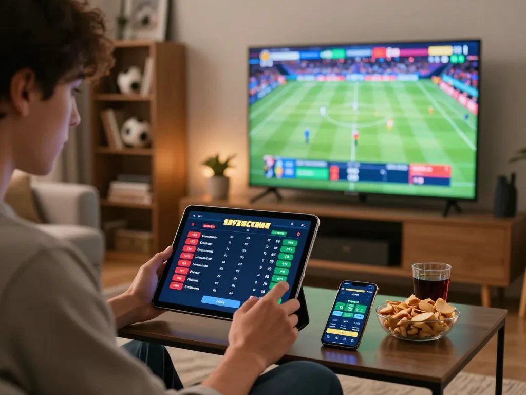 79KING sports bettor planning winning strategies with tablet and live odds in a modern room.