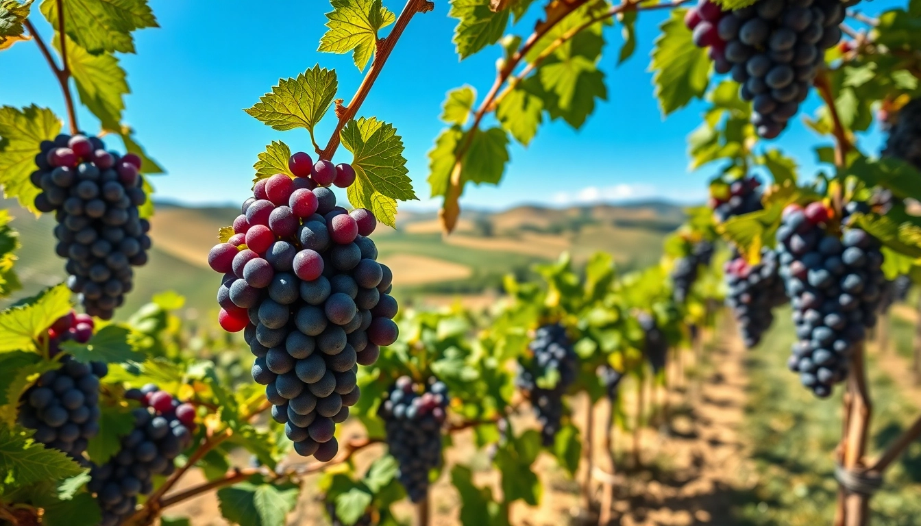 Grapes from La Cosechera ready for harvest against a beautiful vineyard backdrop.