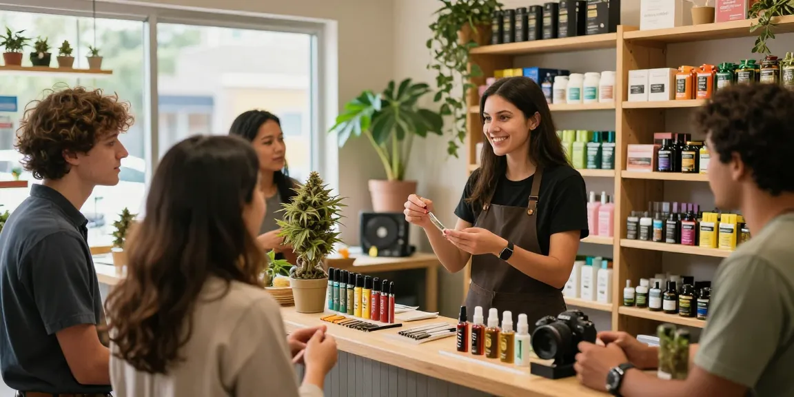 Buy Marijuana Online Europe with a friendly budtender assisting customers in a colorful cannabis dispensary.