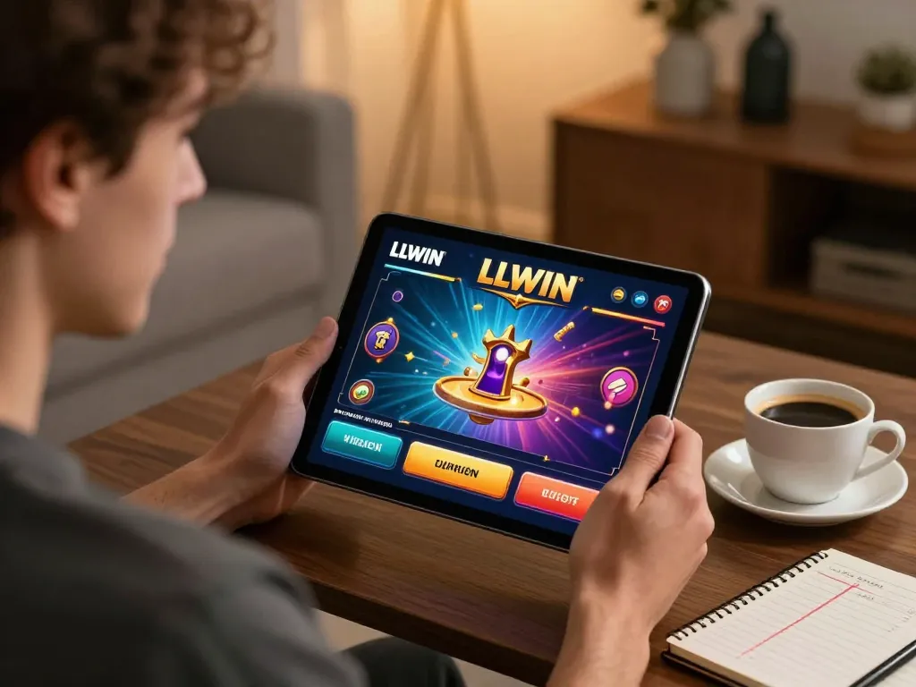 Engaging with LLWIN Function at home, enjoying online casino gaming with vibrant interface.