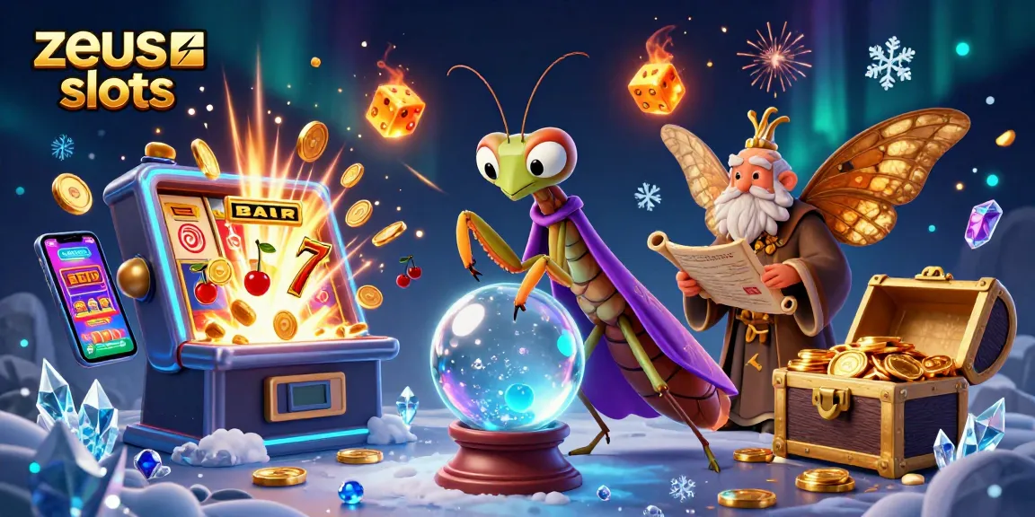 Experience zeus slots magic with a 3D cartoon scene of fortune tellers, slot machines, and mystical elements.