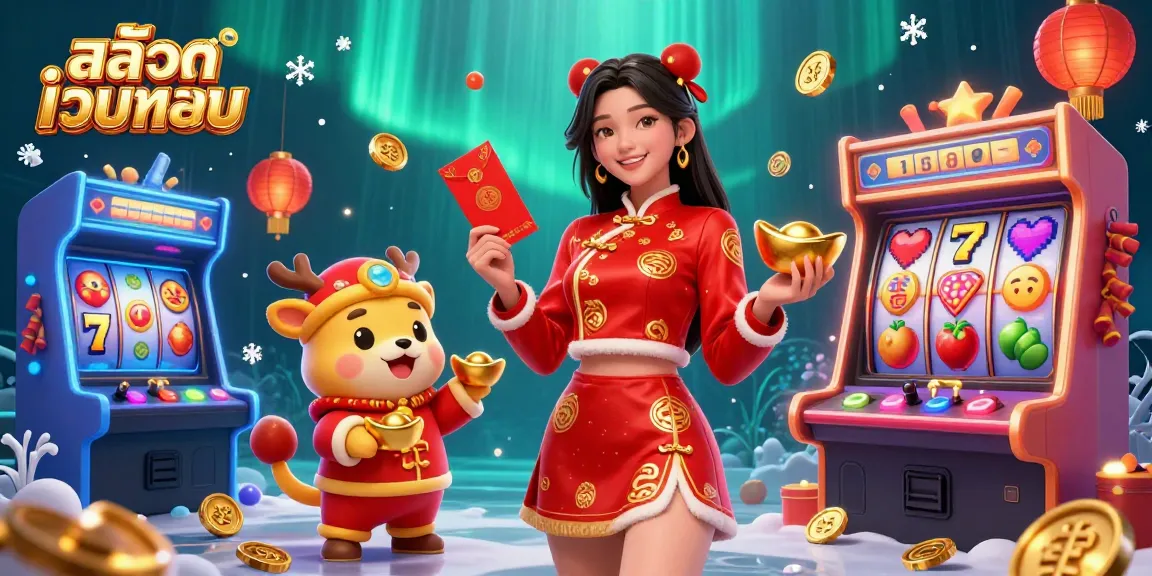 Experience thrilling jackpots with สล็อตเว็บตรง featuring vibrant slot games, red envelopes, and festive decorations.