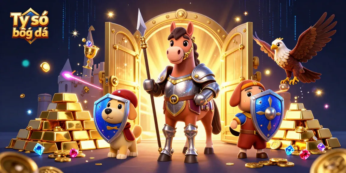 Betting on Tỷ số bóng đá with energetic characters and dazzling treasure elements in a immersive scene