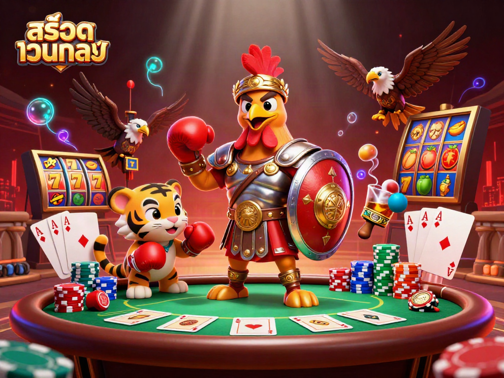 Engage in thrilling สล็อตเว็บตรง gameplay with our dynamic casino scene featuring a gladiator rooster!