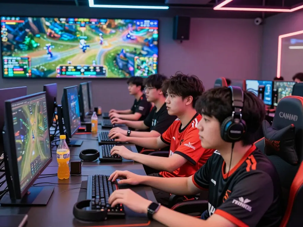 Exciting esports betting scene in Singapore showing enthusiastic gamers discussing strategies and watching live streams.