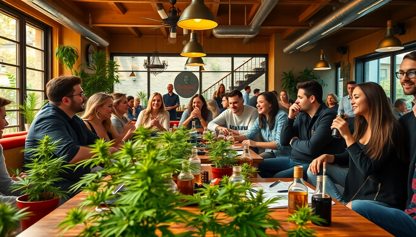 Menschen genießen eine entspannte Atmosphäre im cannabis club hamburg mit Pflanzen und Lichtern.