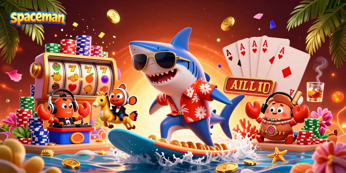 Watch the spaceman surf on a wave of coins while enjoying themed casino elements in this vibrant scene.