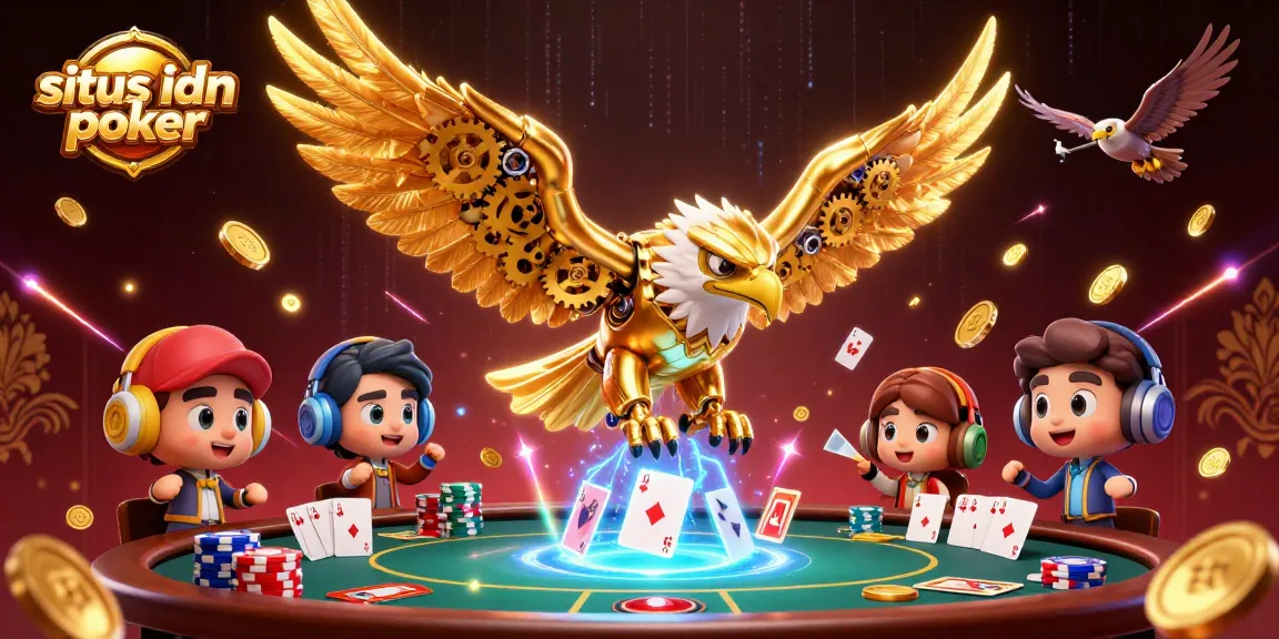 Engage in thrilling poker action at situs idn poker with a dynamic 3D illustration of a golden eagle surrounded by poker elements.