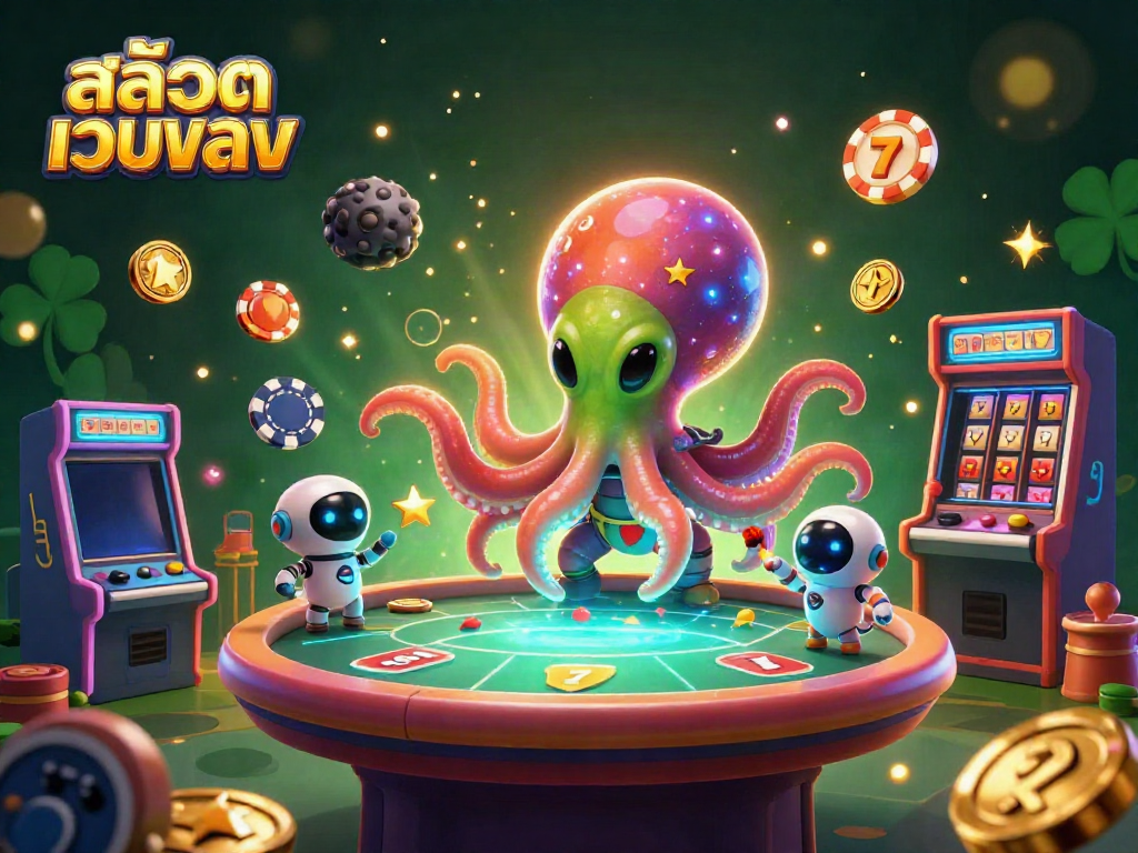 Engage in vibrant สล็อตเว็บตรง action with a 3D alien octopus and casino-themed elements.