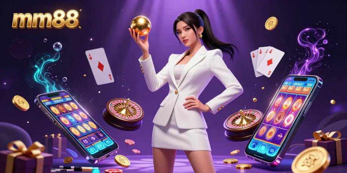 Win big at mm88 with a stunning Asian woman showcasing a casino experience filled with golden coins and slot games.
