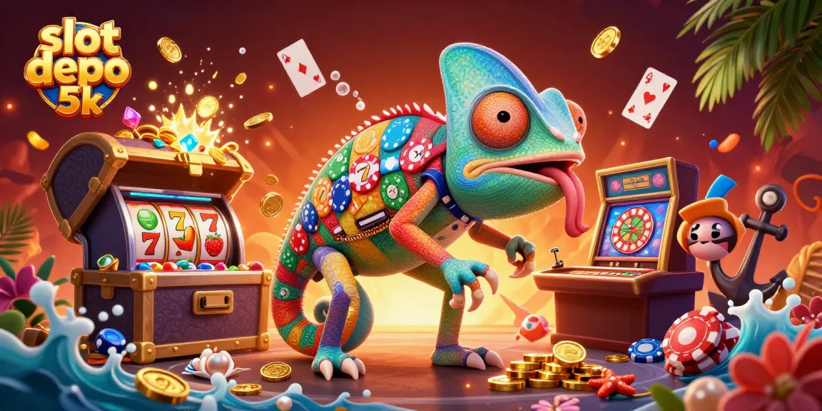 Engage with slot depo 5k in a vibrant 3D casino scene featuring a chameleon owner.