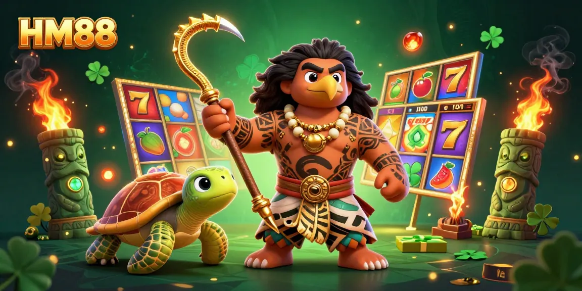 Engage with HM88's vibrant casino atmosphere featuring colorful slot reels and dynamic characters.