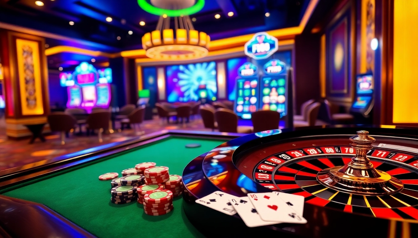 Experience the thrill of F168 online gambling with a vibrant casino scene filled with roulette wheels and poker chips.