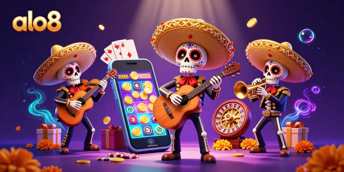 Players enjoy vibrant slots at ALO8 with a lively mariachi band celebrating winnings.