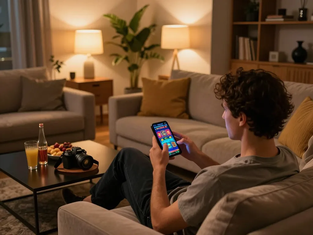 Engaging with vmax gambling app in a relaxed home setting, showcasing online gaming excitement