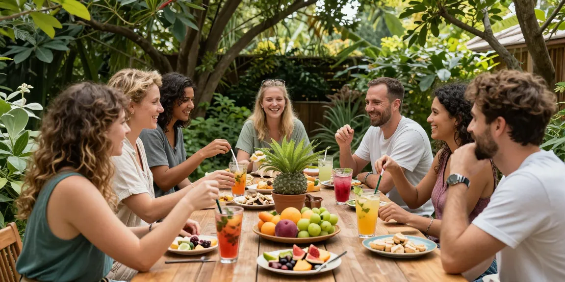Natural outdoor gathering showcasing properloud CBD-infused products amid friends enjoying wellness snacks, vibrant atmosphere.
