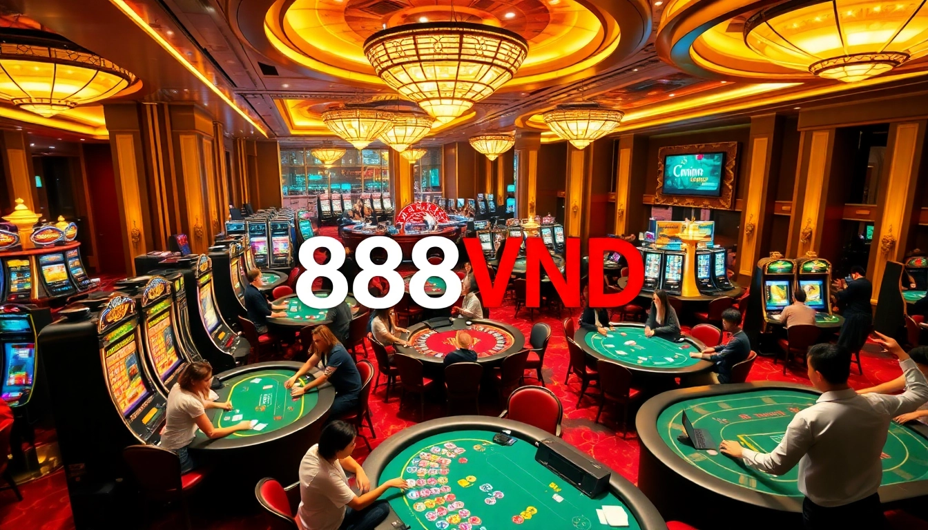 Experience the thrill of 888VND gaming with vibrant casino tables and luxury decor.