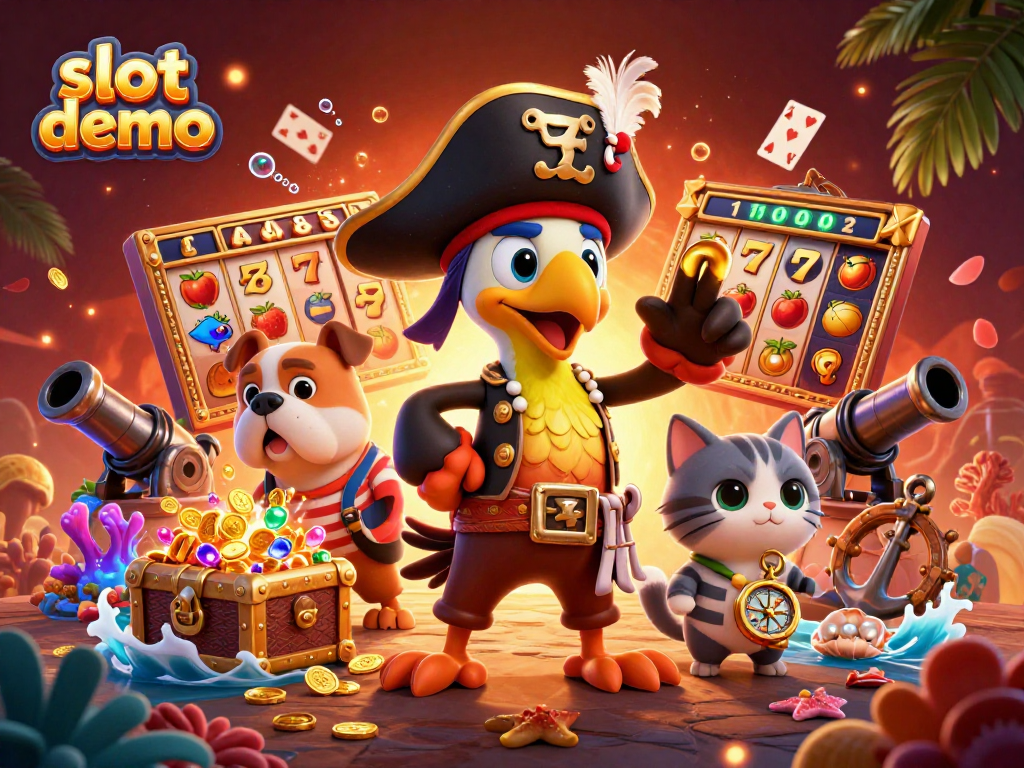 Slot demo menampilkan karakter bajak laut dan elemen kasino dalam ilustrasi 3D menawan.
