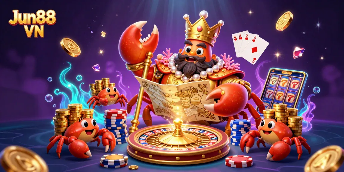 Engage in thrilling gameplay with Jun88 VN as a golden crab emperor oversees an exciting casino scene filled with treasure.