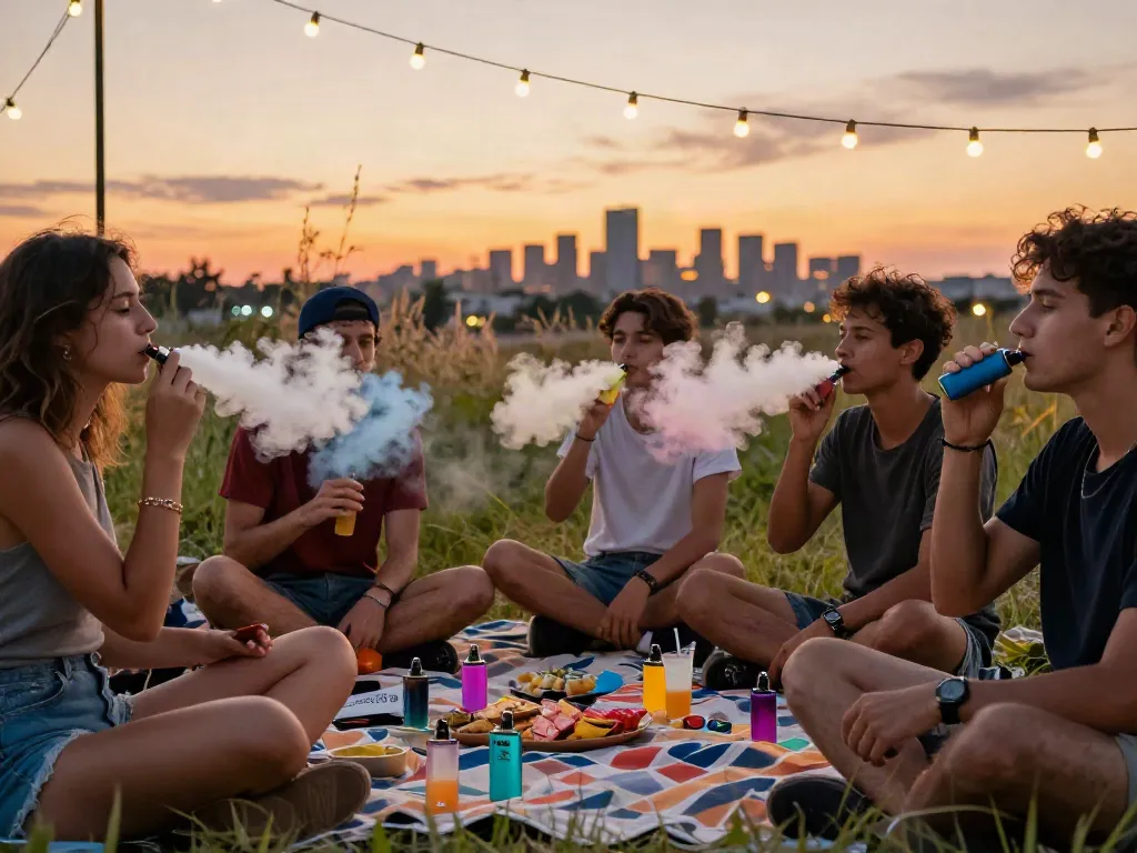 Friends enjoying Hitz infinity Gen 7 vapes outdoors during sunset, capturing a festive atmosphere.