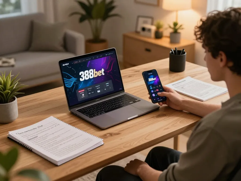 Player engaging with the 388bet platform on a laptop and smartphone in a cozy home office