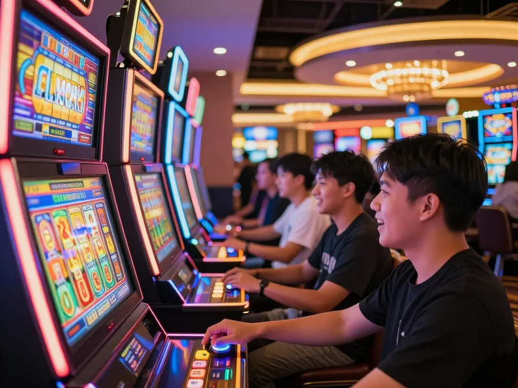 Players enjoy engaging gameplay on vibrant slot gaco machines in a lively casino.
