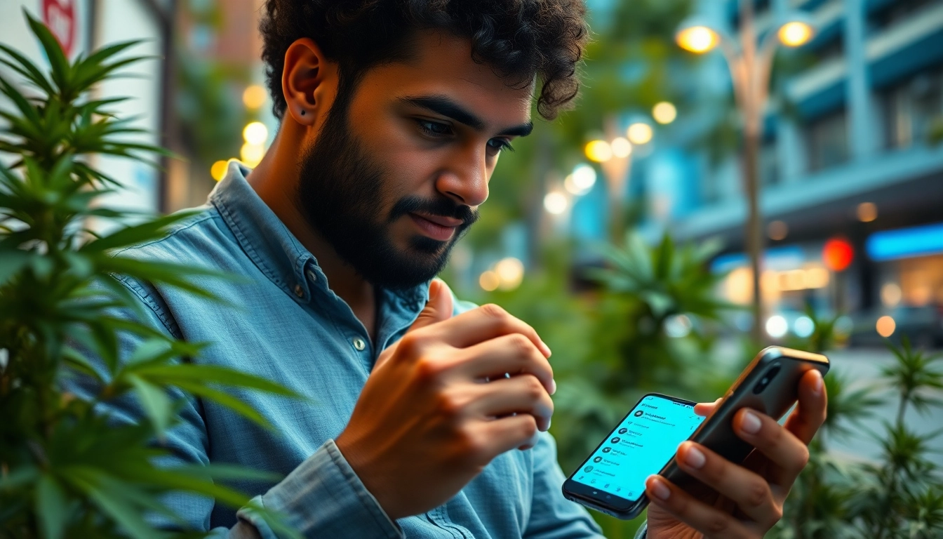Engaging user explores uk weed telegram through a smartphone in a vibrant cityscape.