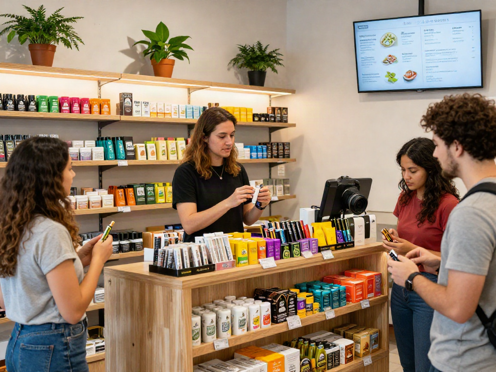 Customers exploring Muha Meds cannabis products at a vibrant retail shop, showcasing a welcoming atmosphere.