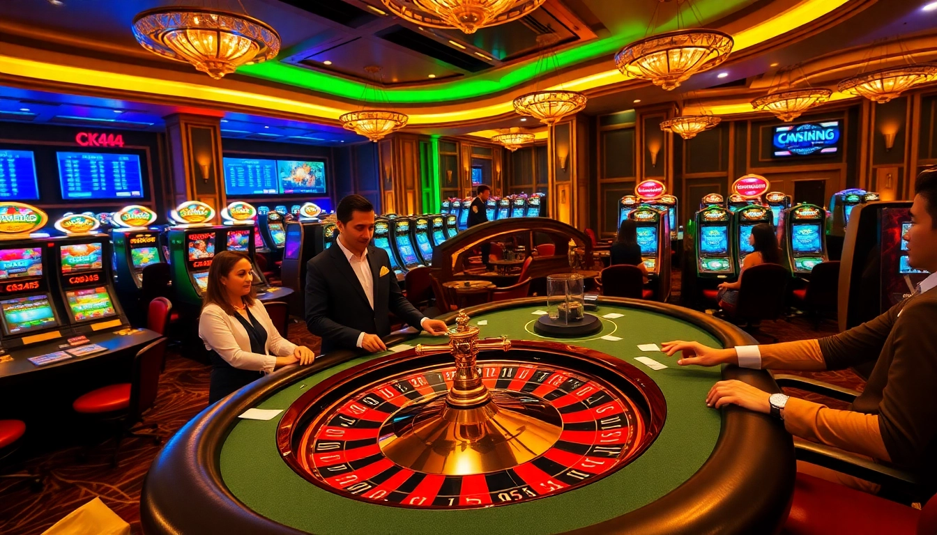 CK444 online casino experience featuring a vibrant poker table surrounded by colorful slot machines and excited players.