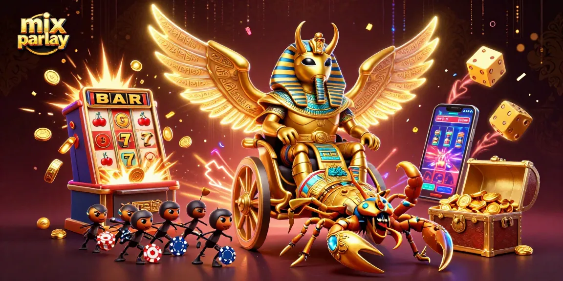 Jelajahi mix parlay dengan ilustrasi menarik dari karakter kasino dan elemen permainan penuh warna.